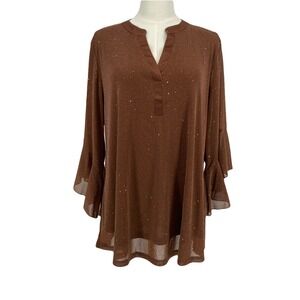 Chocolate Brown Fairy Grunge Sparkle Top Bell Sleeve Size XL Flowy Boho Chic